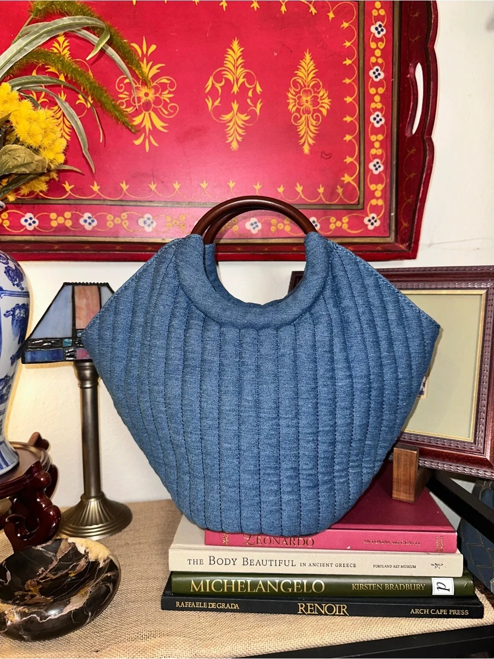 Draper James Quilted Denim-Blue Tote with Wooden Handles